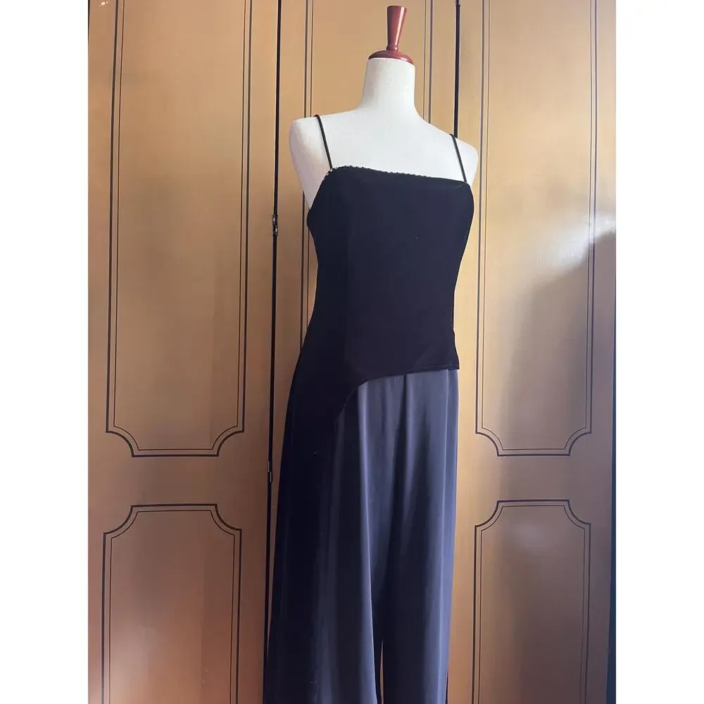 Vintage jumpsuit in black with velvet top and crystals, size 14